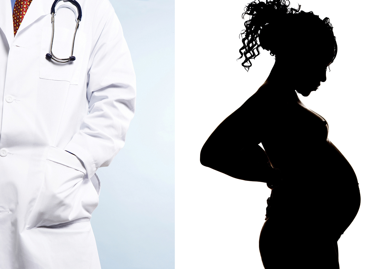 Two photos - 1 a doctor, 2 a pregnant woman in silhouette