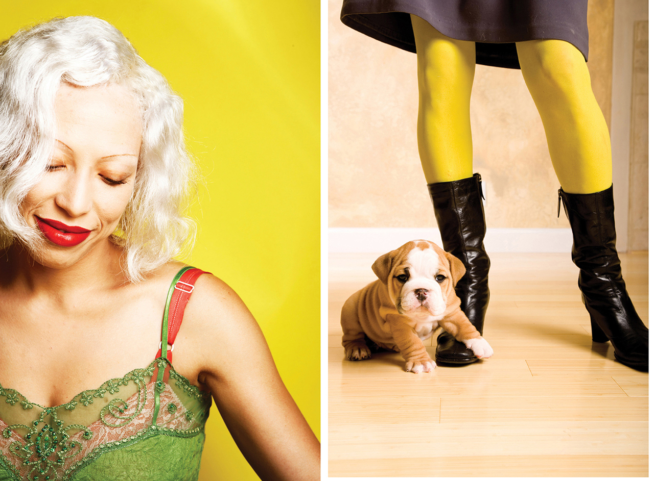 two photos, one with white haired woman and the other with dog